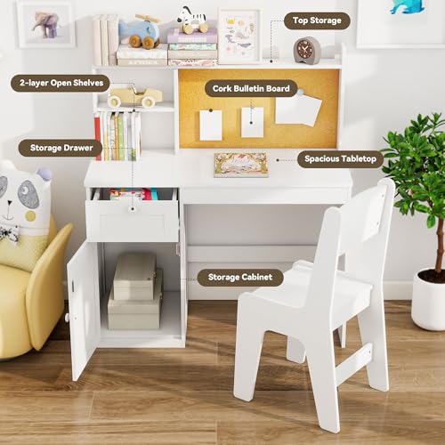 Kids Study Desk and Chair Set with Storage Hutch for Ages 5-12