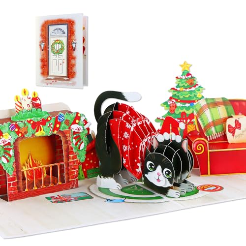 DISJOURNEY Tuxedo Cat 3D Pop Up Christmas Card with Envelope - 6 x 8 in (Variation: 62-Christmas Cat)