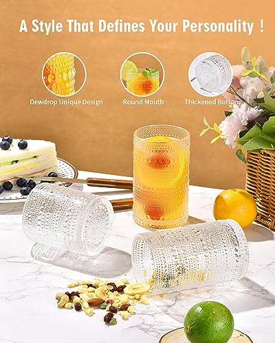 Vintage Hobnail Drinking Glasses Set of 8, Embossed Glassware 12oz & 14oz