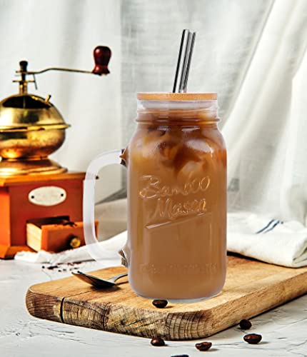 24 oz Mason Jar Glass Tumbler with Bamboo Lid and Stainless Steel Straw