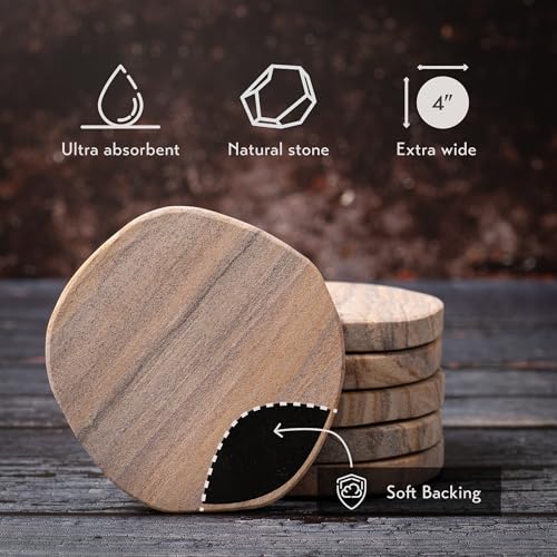 Cork & Mill Set of 6 Absorbent Sandstone Coasters for Drinks - Rustic Natural Design