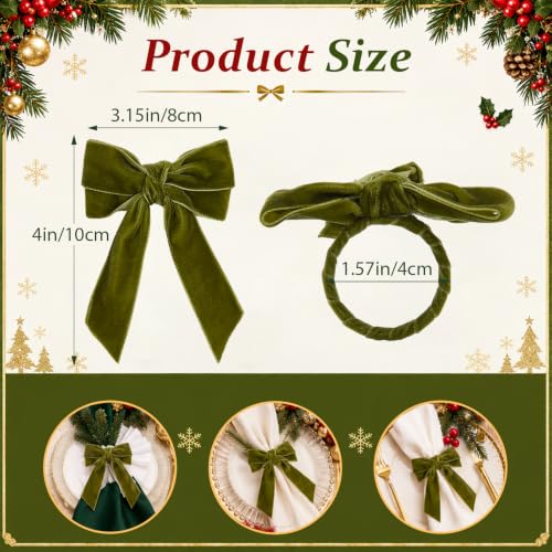 APTWOW Grass Green Velvet Bow Napkin Rings Set of 6 for Christmas Table