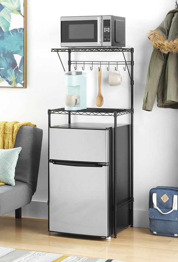 Over-the-Fridge Storage Shelf with 7 Hooks and Microwave Rack