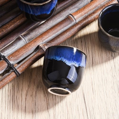 Cerficer Japanese Ceramic Sake Cup Set of 4 - Small Blue & Black 2.04'' Drinking Cups, Traditional Asian Design, Handcrafted for Sipping & Sharing