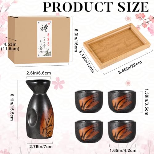 Skyley Japanese Ceramic Sake Set with Wooden & Grass Tray, 6 Pcs
