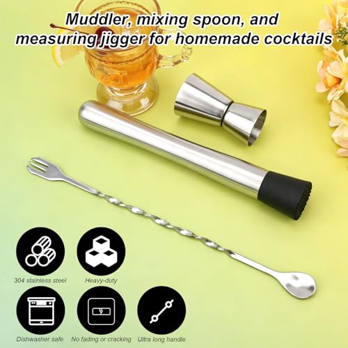Stainless Steel Cocktail Bar Tool Set with Muddler, Spoon & Jigger