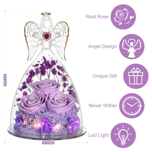 Tiaronics Light Purple Preserved Rose Angel Figurine for Mother's Day Gift - Real Forever Flower