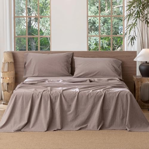 Queen Size Washed Cotton Flat Sheet, Breathable Lightweight Bedding