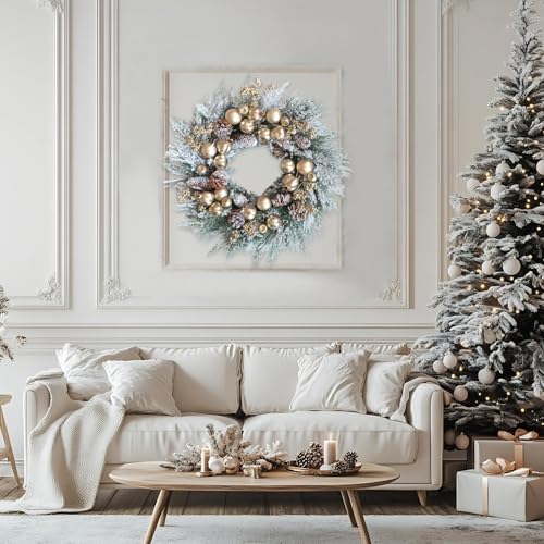 CIR OASES 24 Inch Artificial Christmas Wreath with Pine Needles & Gold Accents
