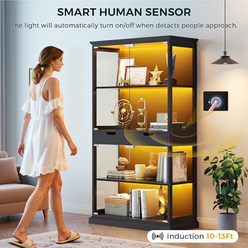 4-Tier Glass Display Cabinet with RGB Lights, Motion Sensor & 2 Drawers