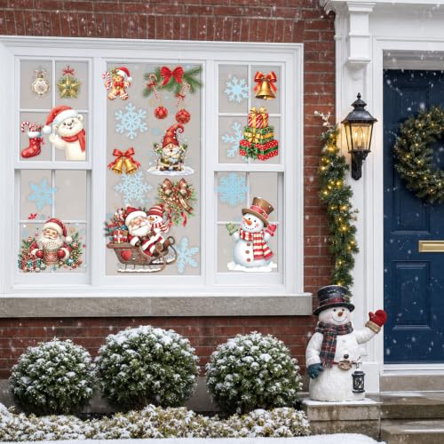 Traditional Christmas Window Clings Set - 28 Reusable Static Holiday Decals with Santa, Snowman & Reindeer - Double-Sided Xmas Decorations