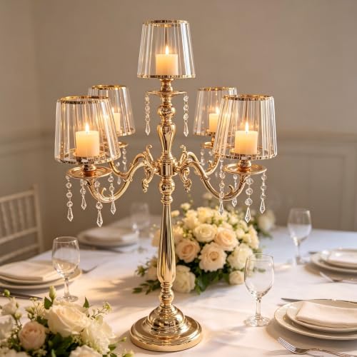 5-Arm Gold Candelabra Centerpiece 33-Inch Tall with Glass Shades & Crystal Pendants - VINCIGANT