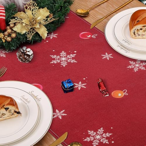 Bonhause Red Snowman Christmas Table Runner 13x90 Inch - Holiday Kitchen Decor (Variation: Red Snowman-2)