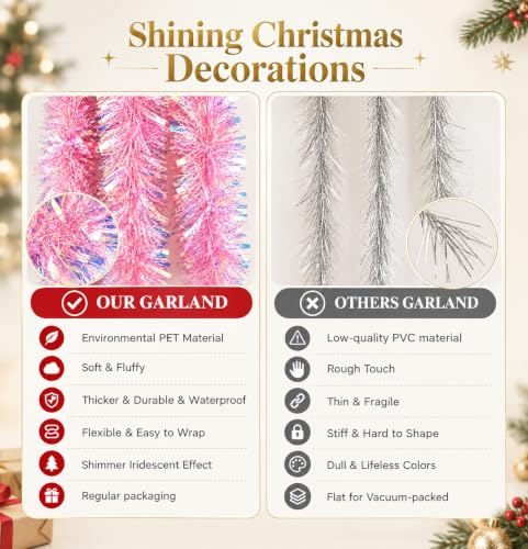 20ft Pink Metallic Tinsel Garland - Twisty Xmas Party Decor