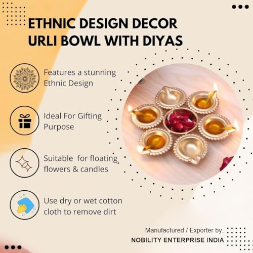 Handcrafted Decorative Urli Bowl with Diya - Small Metal Floating Flower Bowl for Home Decor