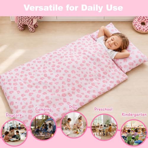 Portable Toddler Nap Mat with Minky Fleece Blanket and Pillow for Daycare