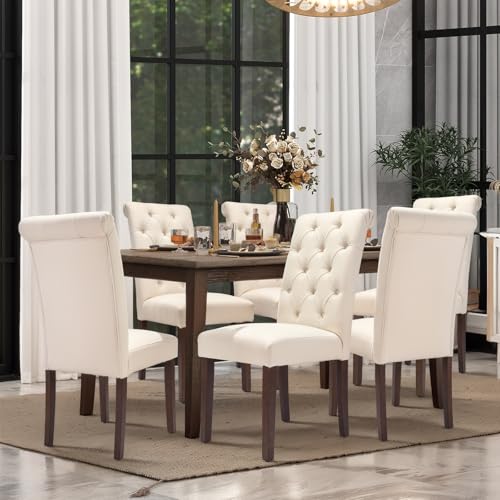 Tufted Upholstered Dining Chairs - Set of 2, Beige Linen Parsons Chairs