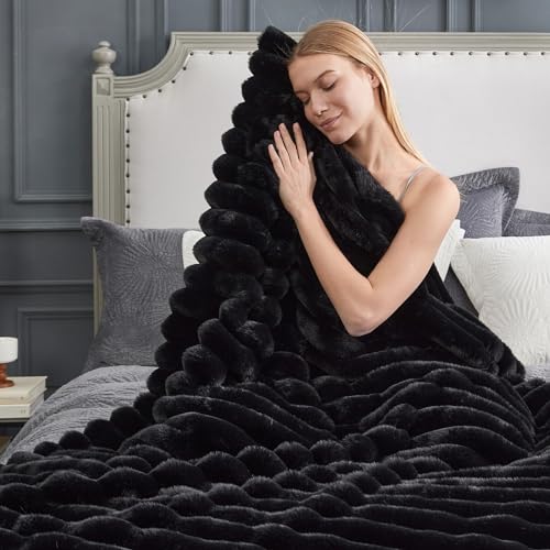 Cozy Bliss Faux Fur Throw Blanket for Couch - Soft Plush Striped, 50x60 Black