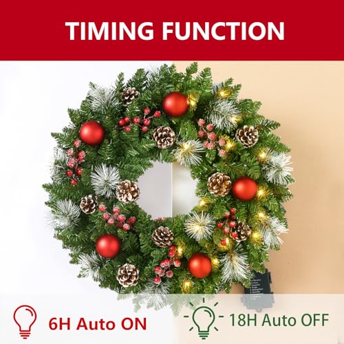 24 Inch Pre-Lit Artificial Christmas Wreath for Front Door, Door