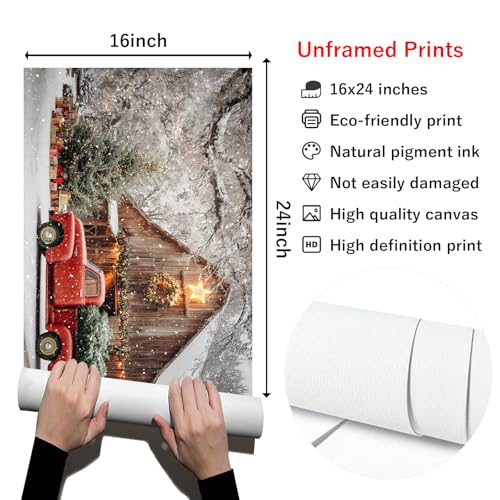 Tevenuktla Christmas Canvas Wall Art 16x24in Red Barn Winter Scene – Unframed
