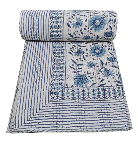 Handmade Kantha Quilt - Floral Print Cotton Twin Blanket