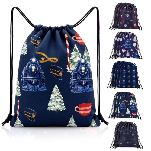 Christmas Train Party Favors Drawstring Bags - Set of 15, Festive Designs