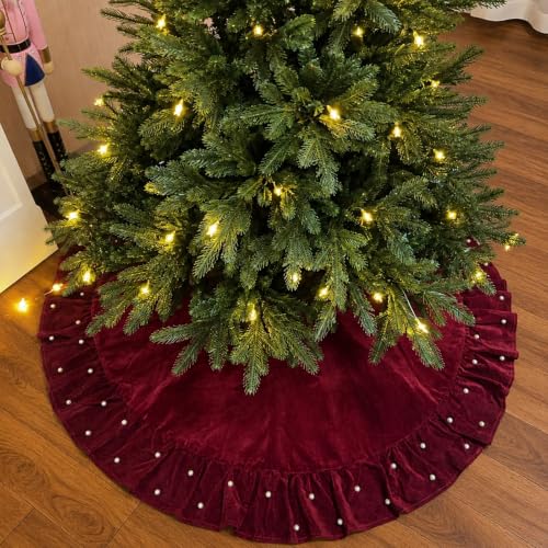 AtiMing 150 cm Red Velvet Christmas Tree Skirt with Ruffled Edge and Pearls (Red with Small Pearls) 60-inch