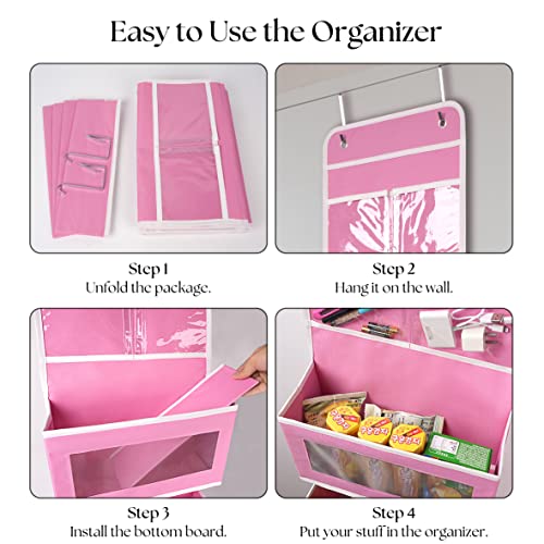 Pink Over Door Organizer with 4 Large Clear Pockets Hanging Storage