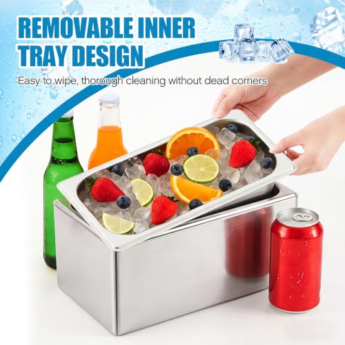 Honeydak Stainless Steel Ice Bin with Removable Tray 13x7x6 Inches for Buffet & Party