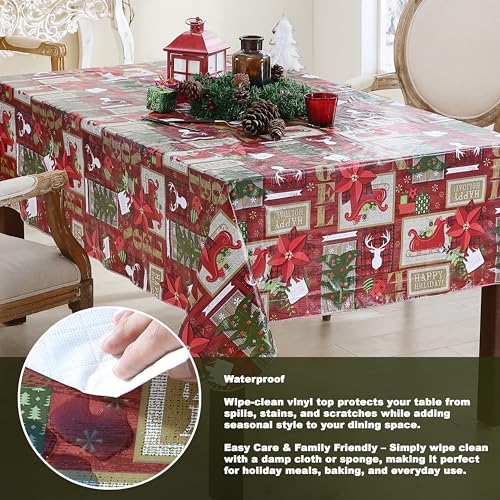 84x60 Inch Red Sleigh Bells Christmas Tablecloth - Festive Vinyl Holiday Cover
