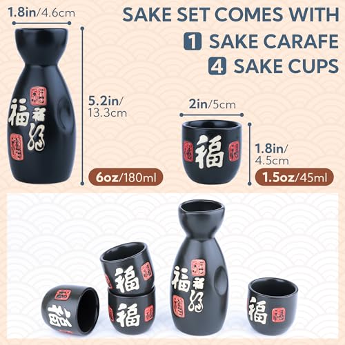 PUNNIO Ceramic Sake Set - 4 Cups & Carafe, Traditional Japanese Drinkware