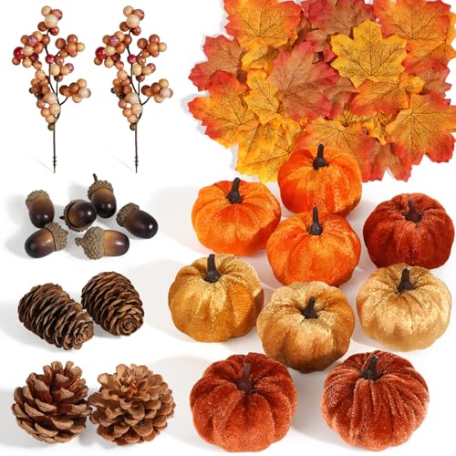 51-Piece Artificial Fall Harvest Decor Set with Pumpkins and Maple Leaves