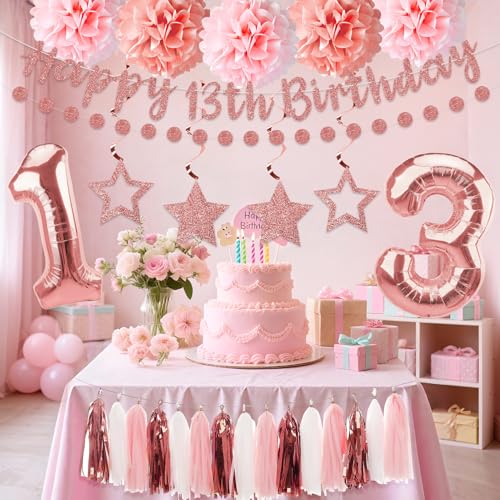 13th Birthday Decorations Kit for Girls, Pink and Rose Gold Party Supplies