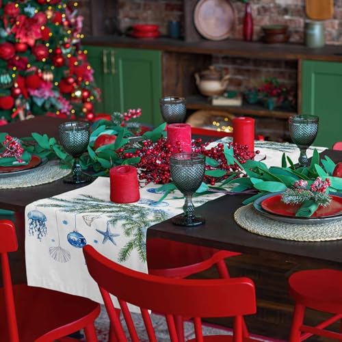Dodgerblue 13 x 120 inch Blue Coastal Christmas Table Runner - Cotton-Linen Blend