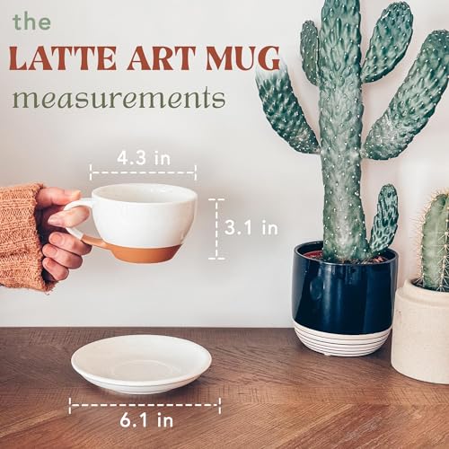 MORA Vanilla White Ceramic Latte Art Mug 10.5 oz with Saucer - Coffee & Cappuccino Cup