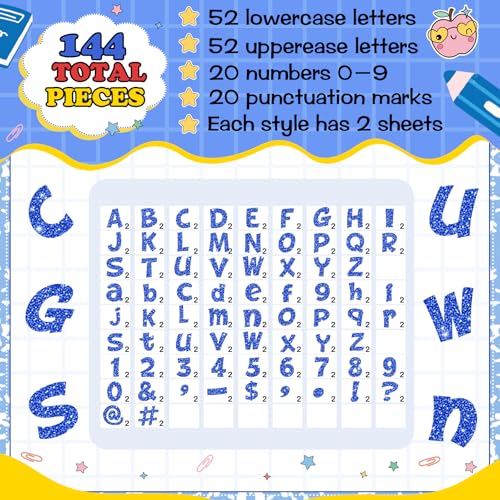 144 Pcs Blue Glitter Bulletin Board Letters, 4-Inch Alphabet Set for Classroom