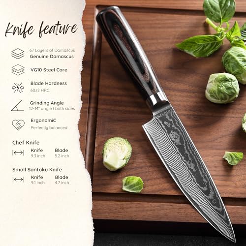 Wakoli Essentials Chef & Santoku Knife Set (2-Piece) VG10 Damascus – 9.26in Chef & 9.1in Santoku