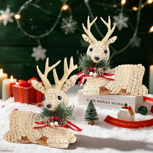 Lulu Home Set of 2 Rustic Straw Reindeer Christmas Tabletop Decor - Natural Straw