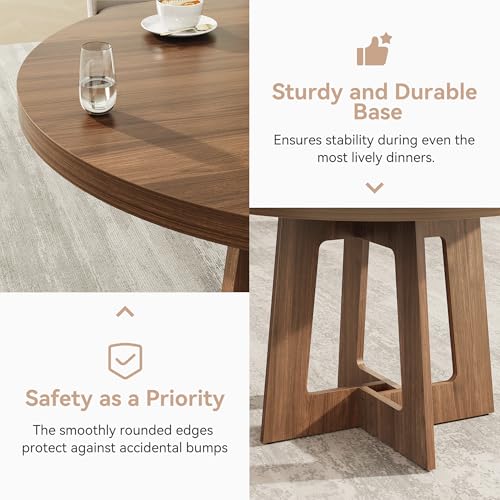 43-Inch Round Dining Table for 4, Walnut Brown Wooden Kitchen Table