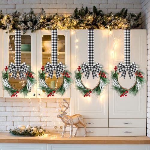 Mini Christmas Wreaths for Cabinets - Black and White, 6 Pack, 10-Inch