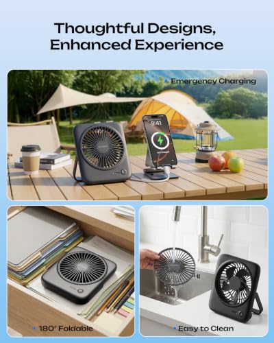 Portable Desk Fan 4000mAh Rechargeable Small Table Fan Quiet 4-Speed Black