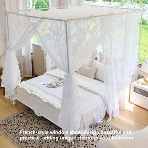 Elegant Lace 4-Poster Bed Canopy Mosquito Net - Queen Bedroom Drapes