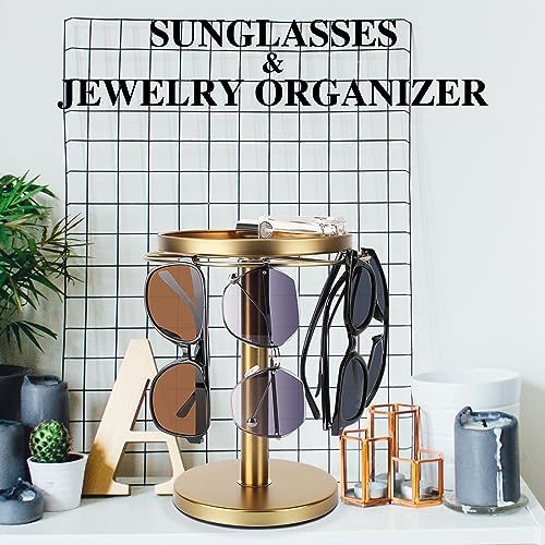 360° Rotating Sunglasses Organizer Stand with Jewelry Tray - Gold