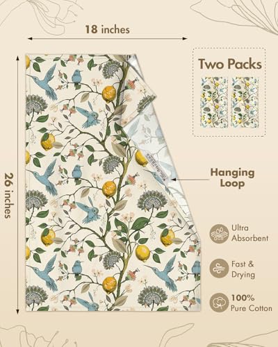 100% Cotton Flour Sack Kitchen Towels, Lemon Birds Print, 18"x26", Set of 2