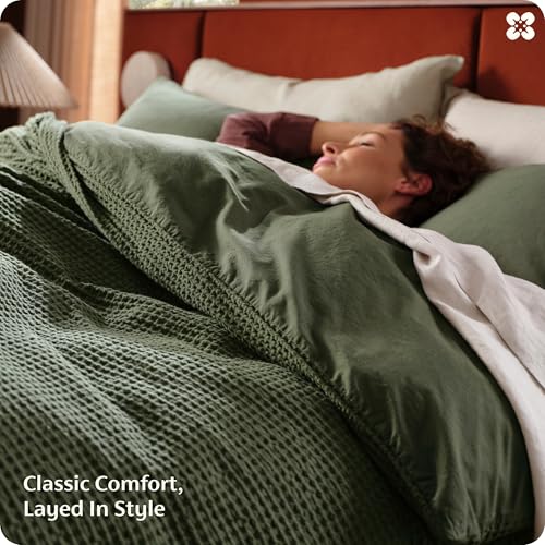 Queen Cotton Waffle Weave Duvet Cover - Olive Green, Breathable & Soft