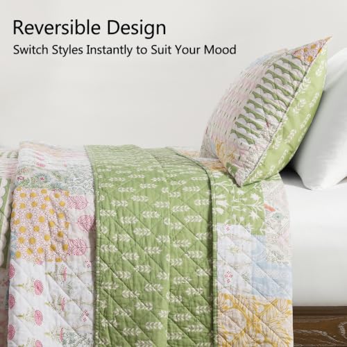 Palassio 100% Cotton Queen Quilt Set - Reversible Floral Bedspread & Shams