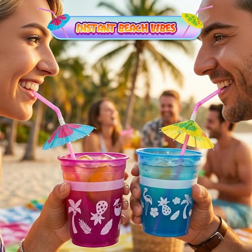 48-Pack Tropical Party Cups with Parasol Straws - 16oz Disposable Luau Drinkware