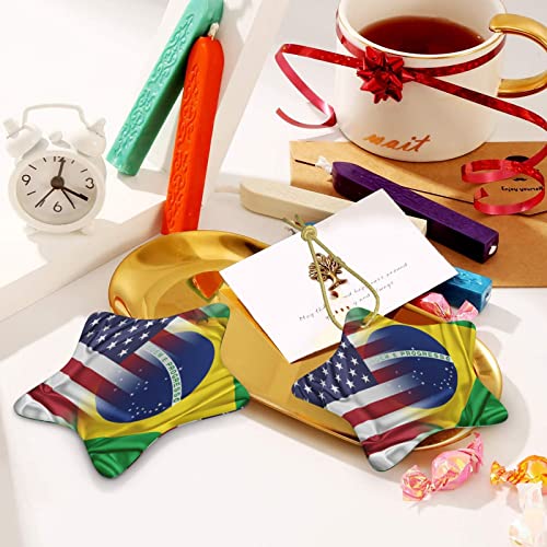 USA Brazil Flag Christmas Tree Ornament Ceramic Double-Sided Hanging Décor - One Size