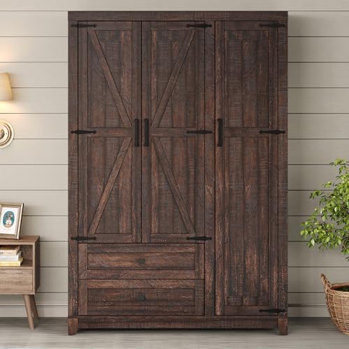 3-Door Farmhouse Wardrobe Closet with Drawers and Hanging Rod
