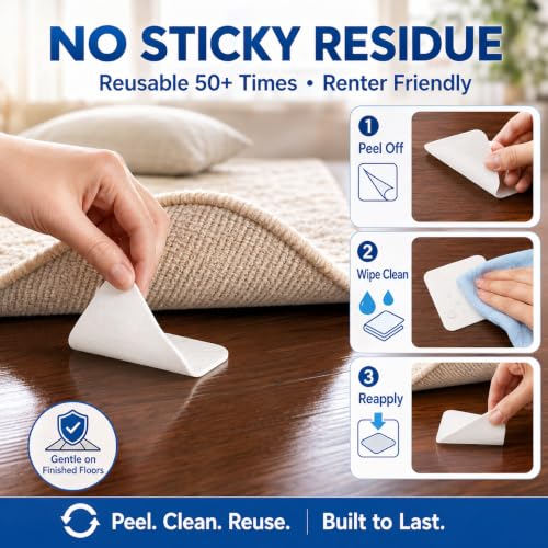 16 Pcs Non-Slip Rug Grippers for Hardwood & Tile Floors, Reusable Tape